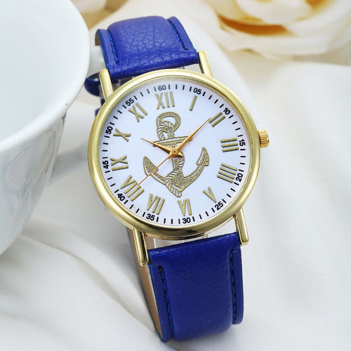 Fashion Womens Dress WatchRoman Numerals Boat Anchor Faux Leather Analog Quartz Wristwatch BluePink Freeship EF8