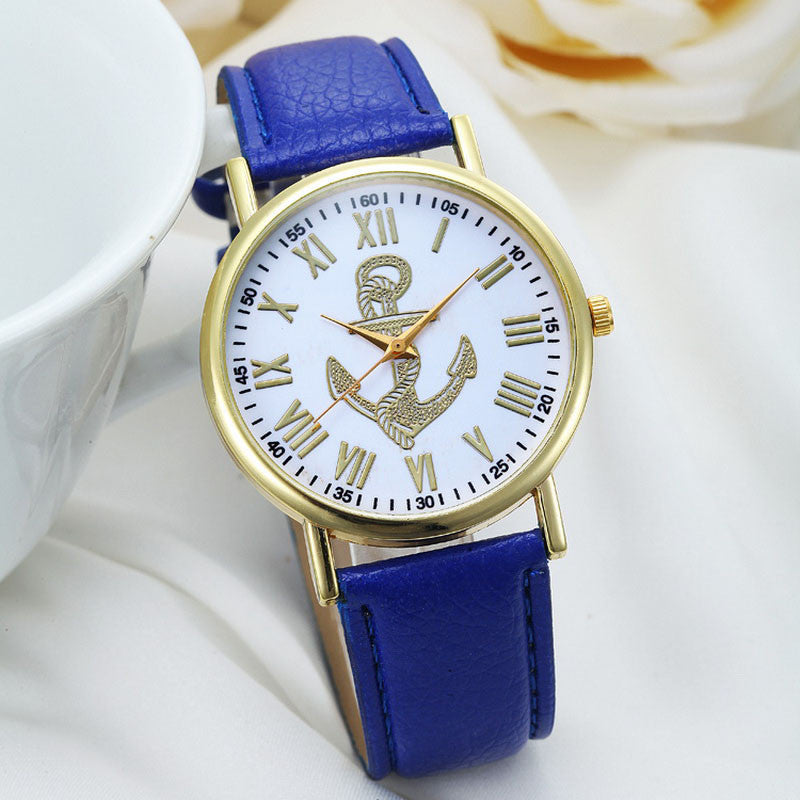 Fashion Womens Dress WatchRoman Numerals Boat Anchor Faux Leather Analog Quartz Wristwatch BluePink Freeship EF8