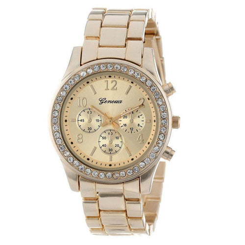 Faux Chronograph Quartz Plated Classic Round Women Crystals Watch EF8
