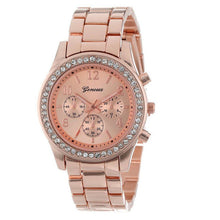 Faux Chronograph Quartz Plated Classic Round Women Crystals Watch EF8