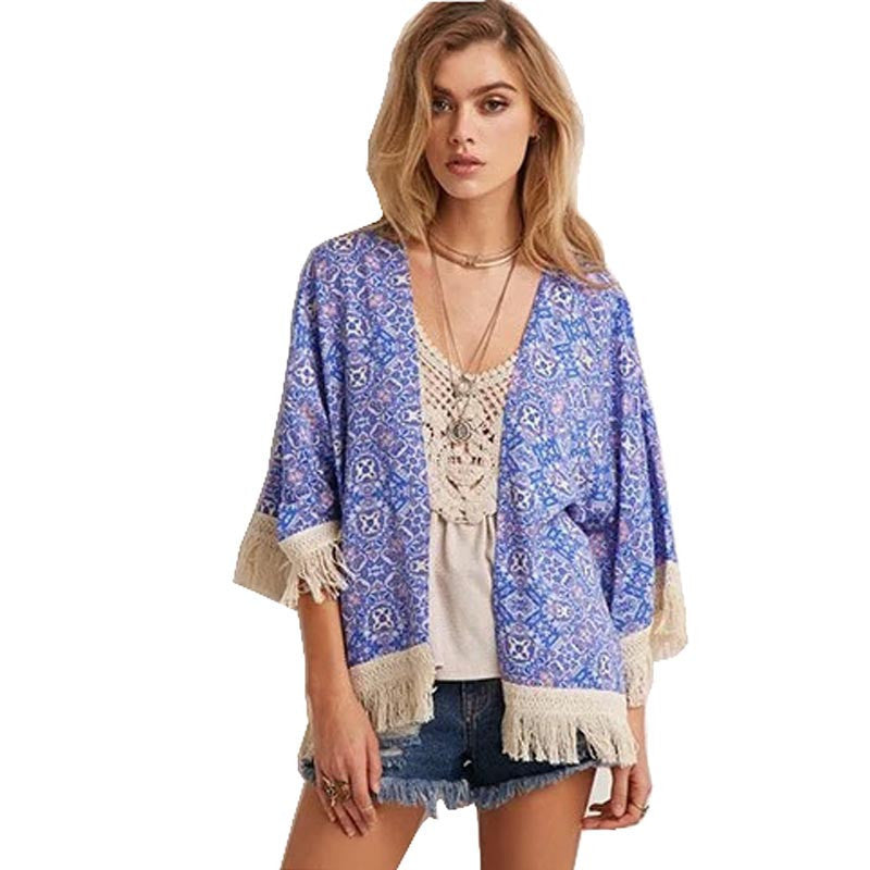 Fashion Women Printed Chiffon Cardigan Blouse Tassel Fringe Shawl Kimono Loose Jacket Tops Femininas EF8