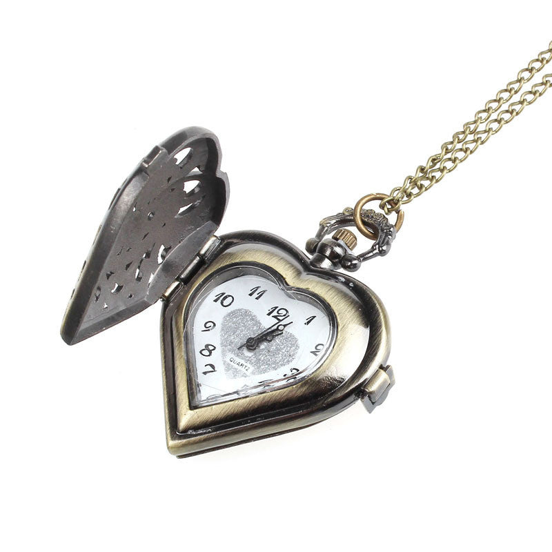 Retro Bronze Alloy Hollow Out Heart Pocket Necklace Watch Gift EF8