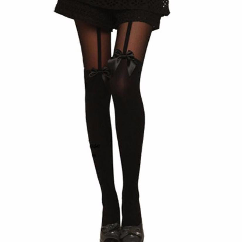 Women Clothing Vintage Tights Bow Pantyhose Tattoo Mock Bow Suspender Sheer Stockings EF8