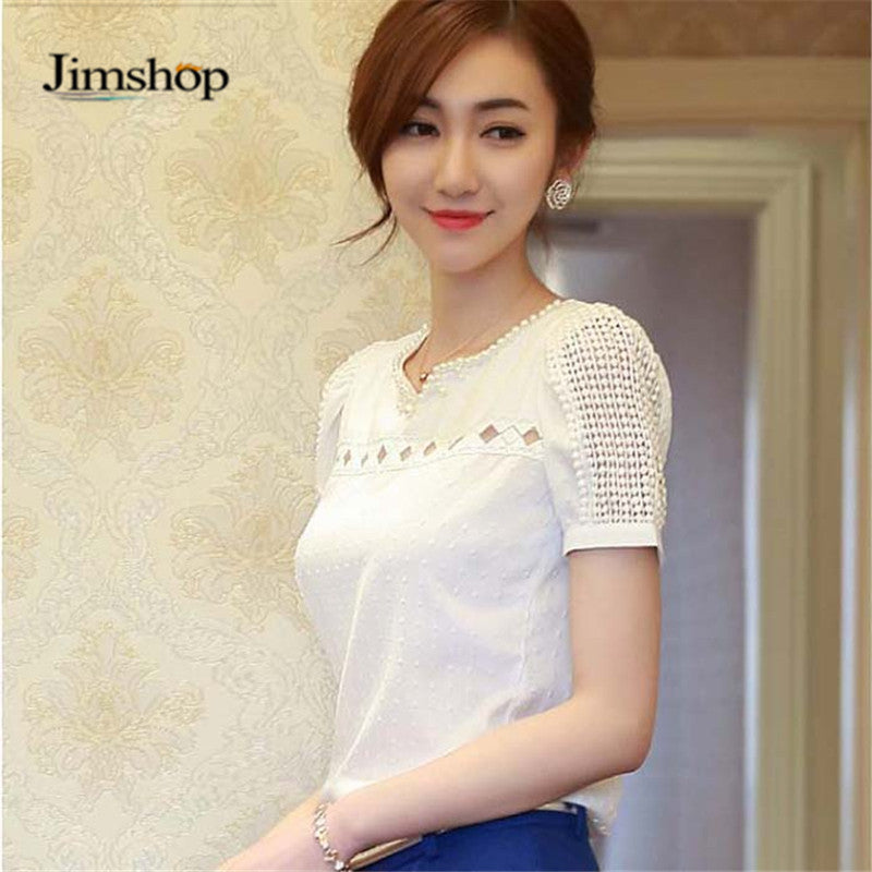 blusas Camisas Blusas Femininas Women Tropical Blusa Lace Short Sleeve Shirt V Neck Doll Chiffon Tops Women Blouses EF8