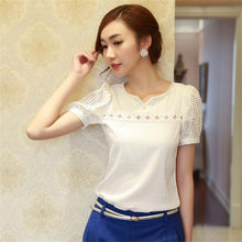 blusas Camisas Blusas Femininas Women Tropical Blusa Lace Short Sleeve Shirt V Neck Doll Chiffon Tops Women Blouses EF8