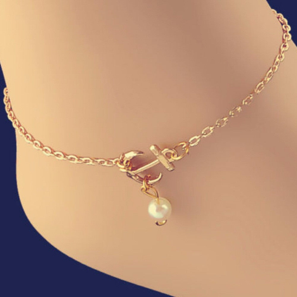Sexy Imitation Pearl Anchor Gold Silver Ankle Chain Anklets Bracelet Charm Anklet for Women Vintage Foot Jewelry EF8