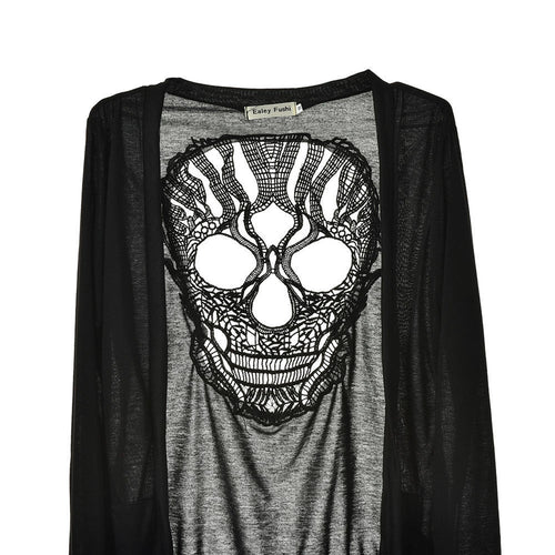 Long Sleeve Hollow Oversized Skull Pattern Cardigan Women Blouse Sexy Backless Crochet Lace Long Cardigans Jacket EF8