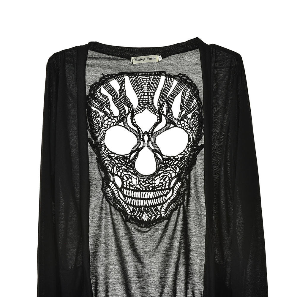 Long Sleeve Hollow Oversized Skull Pattern Cardigan Women Blouse Sexy Backless Crochet Lace Long Cardigans Jacket EF8