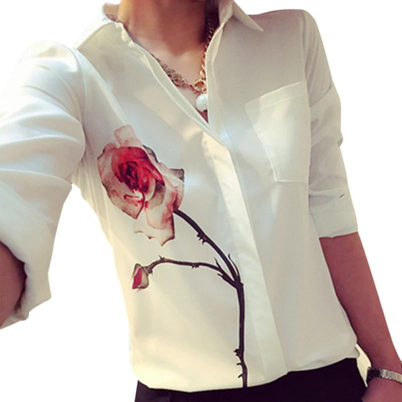 Rose Flower Printed Long Sleeve Blouse Women Turn Down Collar Chiffon Shirts White Big Size Women Office Shirt EF8