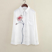Rose Flower Printed Long Sleeve Blouse Women Turn Down Collar Chiffon Shirts White Big Size Women Office Shirt EF8