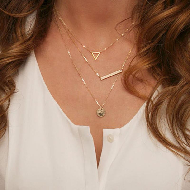 Trendy Women Jewelry Multilayer Long Chain Golden Tone Geometry Pendant Necklace Design EF8