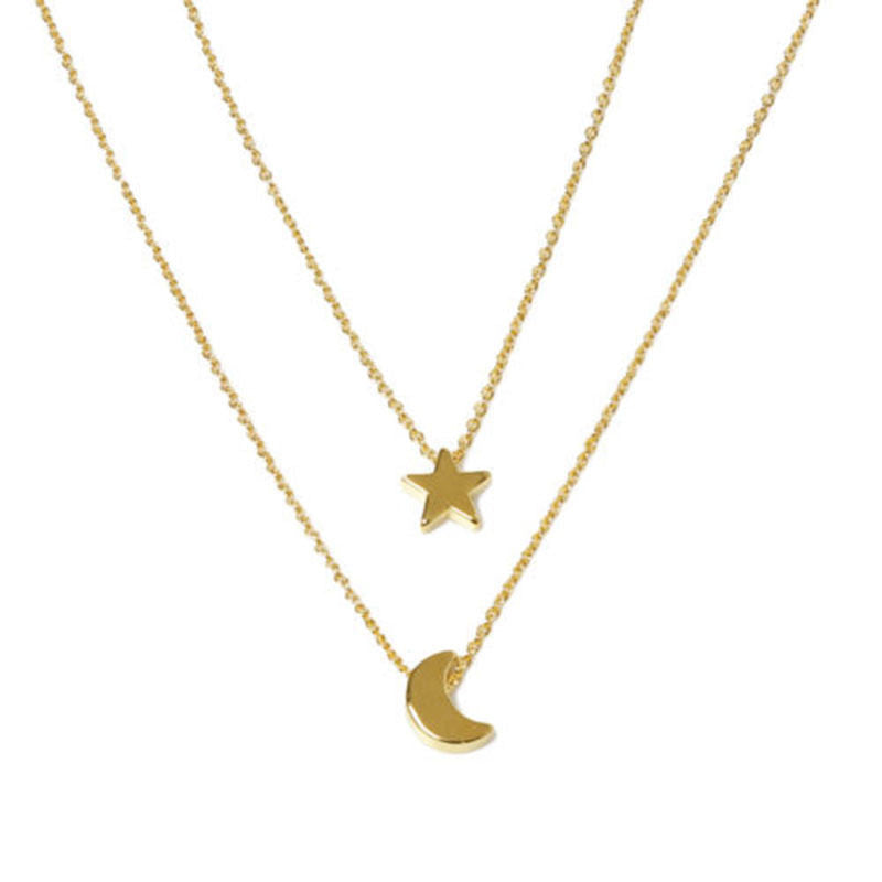 Two Layered Women Necklaces Chain Gold Silver Moon Star Pendent Women Statement Simple Moon Necklace EF8