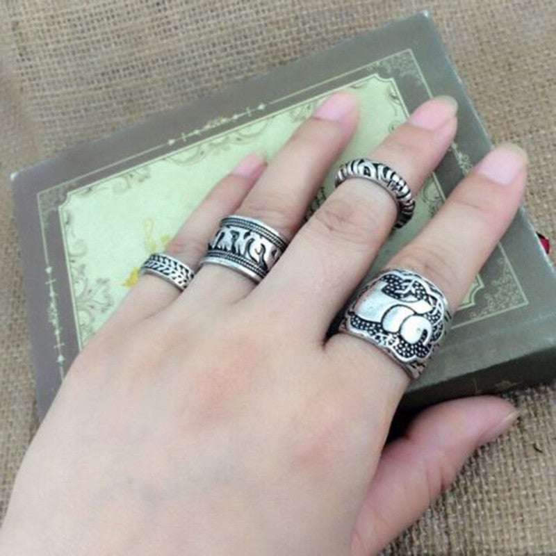 Vintage Punk Ring Set Unique Carved Antique Silver Elephant Totem Leaf Lucky Rings for Women Boho Beach Jewelry 4pc EF8