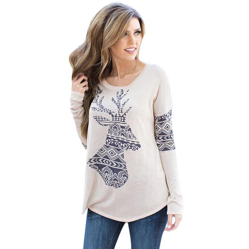 Fashion Women Long Sleeve Loose Elk Deer Printing Splice Long Sleeve Tops Pullover Shirt EF8