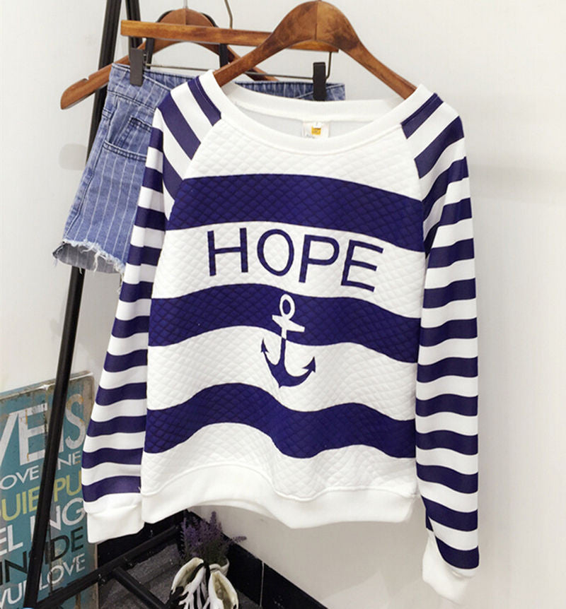 Women Long Sleeve Anchor Printed Hoodies Striped Causal Letter Women Pullover Sweatshirts Tracksuits Suit Tops S-XL EF8