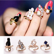 Women Knuckle Rings 4pc Blue Crystal Black Cat Created Pearls Zircon Nail Rings EF8