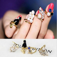 Women Knuckle Rings 4pc Blue Crystal Black Cat Created Pearls Zircon Nail Rings EF8