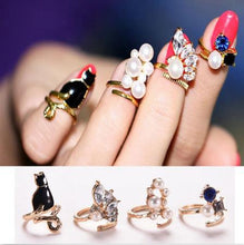 Women Knuckle Rings 4pc Blue Crystal Black Cat Created Pearls Zircon Nail Rings EF8