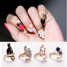 Women Knuckle Rings 4pc Blue Crystal Black Cat Created Pearls Zircon Nail Rings EF8