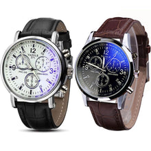 2pc Luxury Fashion Faux Leather Mens Blue Ray Glass Quartz Analog Watches Quartz-watch Relogio Masculino Feminino Montre EF8