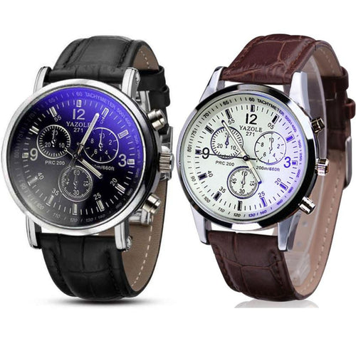 2pc Luxury Fashion Faux Leather Mens Blue Ray Glass Quartz Analog Watches Quartz-watch Relogio Masculino Feminino Montre EF8