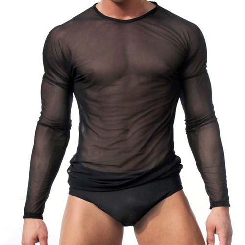 clubwear long sleeve mesh Men T-shirt stretchy sheer Man see through tops EF8