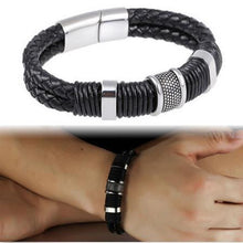 men stainless steel leather braid Bracelet with magnetic buckle   leather bracelet EF8
