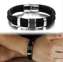 men stainless steel leather braid Bracelet with magnetic buckle   leather bracelet EF8