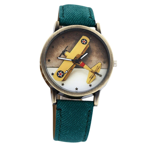 Fashion Men Wome Denim Leather Strap Airplane Analog Quartz Wristwatch EF8