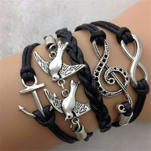 Antique Silver Infinity Double Birds Note Charms Leather Wrap Bracelet ping EF8
