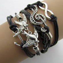 Antique Silver Infinity Double Birds Note Charms Leather Wrap Bracelet ping EF8