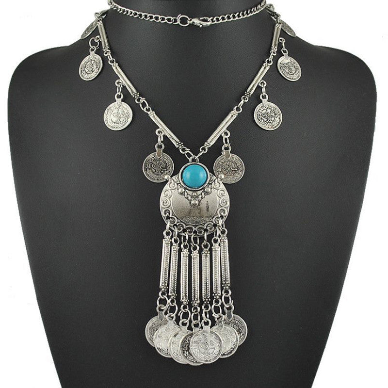 women Bohemian Vintage Coin Long Pendant Necklace Silver Chain Gypsy Tribal Ethnic silver jewelry Tassel Necklace EF8