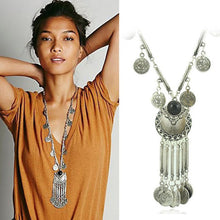 women Bohemian Vintage Coin Long Pendant Necklace Silver Chain Gypsy Tribal Ethnic silver jewelry Tassel Necklace EF8